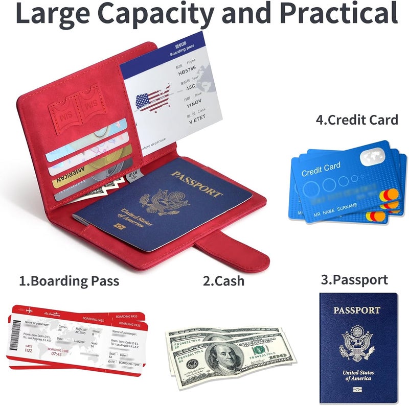 KAOBAN Passport Holder, Passport Cover with Credit Card Slot and Boarding Pass Slot Combo, Passport Wallet Case Book Travel Must Have, RFID Blocking Leather Travel Accessories, Red - Image 4